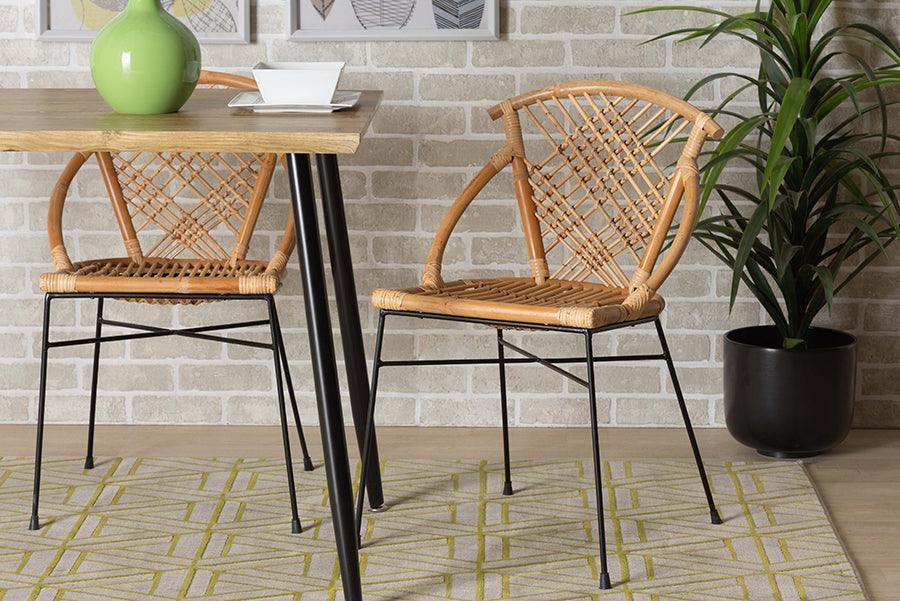 Pro Modern Bohemian Natural Brown Rattan and Black Metal 2-Piece Dining Chair Set FredCo