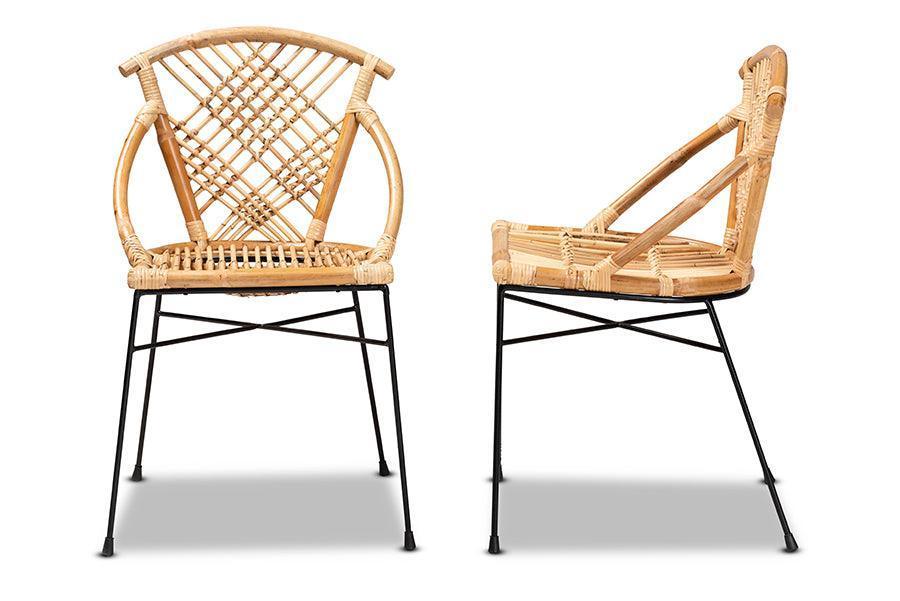 Pro Modern Bohemian Natural Brown Rattan and Black Metal 2-Piece Dining Chair Set FredCo