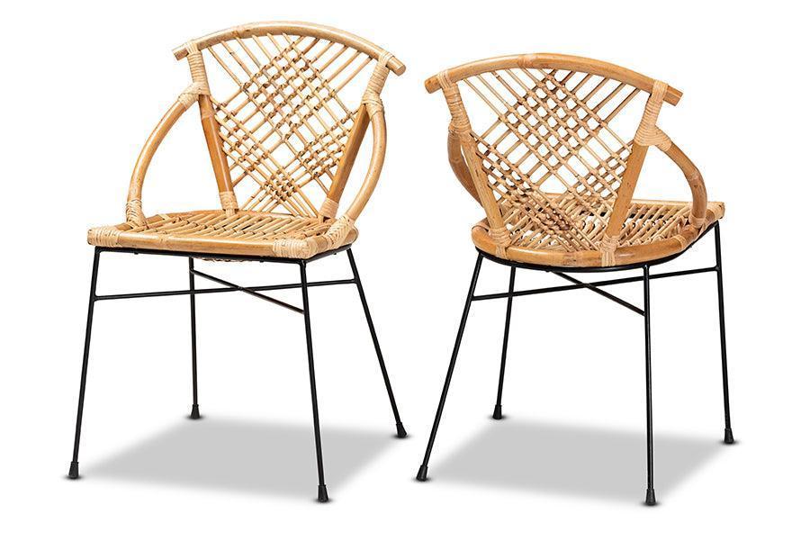 Pro Modern Bohemian Natural Brown Rattan and Black Metal 2-Piece Dining Chair Set FredCo