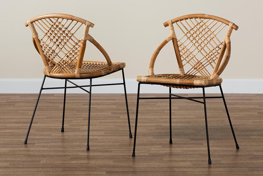Pro Modern Bohemian Natural Brown Rattan and Black Metal 2-Piece Dining Chair Set FredCo