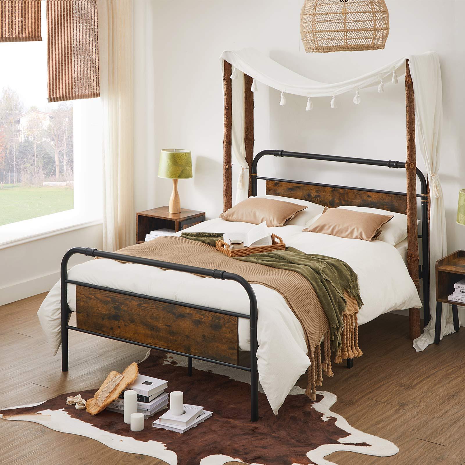 Queen Size Metal Bed Frame with Headboard, Brown and Black FredCo