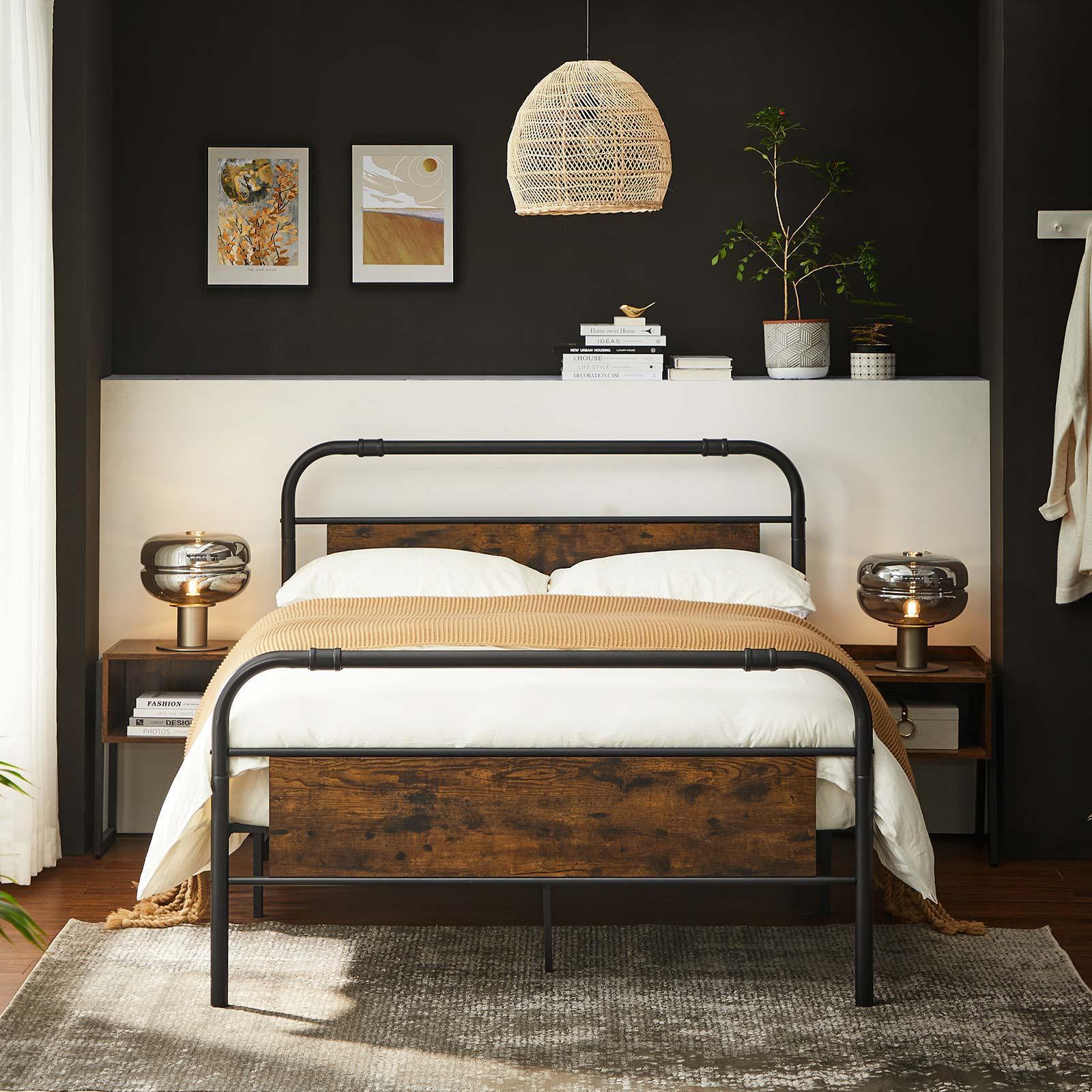 Queen Size Metal Bed Frame with Headboard, Brown and Black FredCo