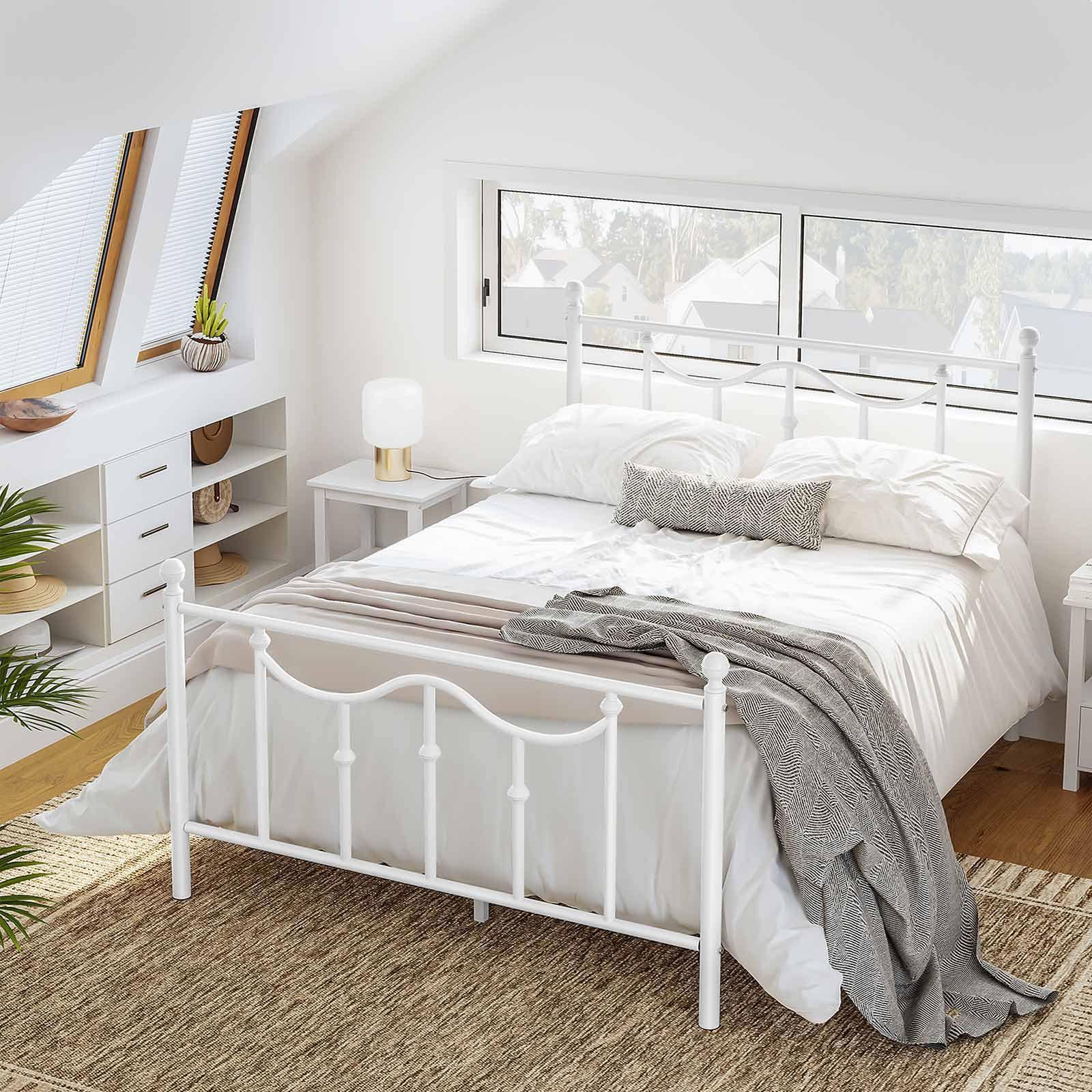 Queen Size Metal Bed Frame with Headboard White FredCo