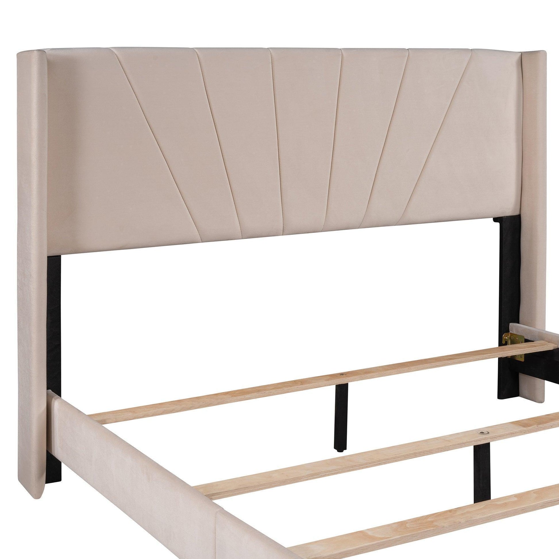 Queen Size Velvet Upholstered Platform Bed, Box Spring Needed - Beige WF212844AAA FredCo