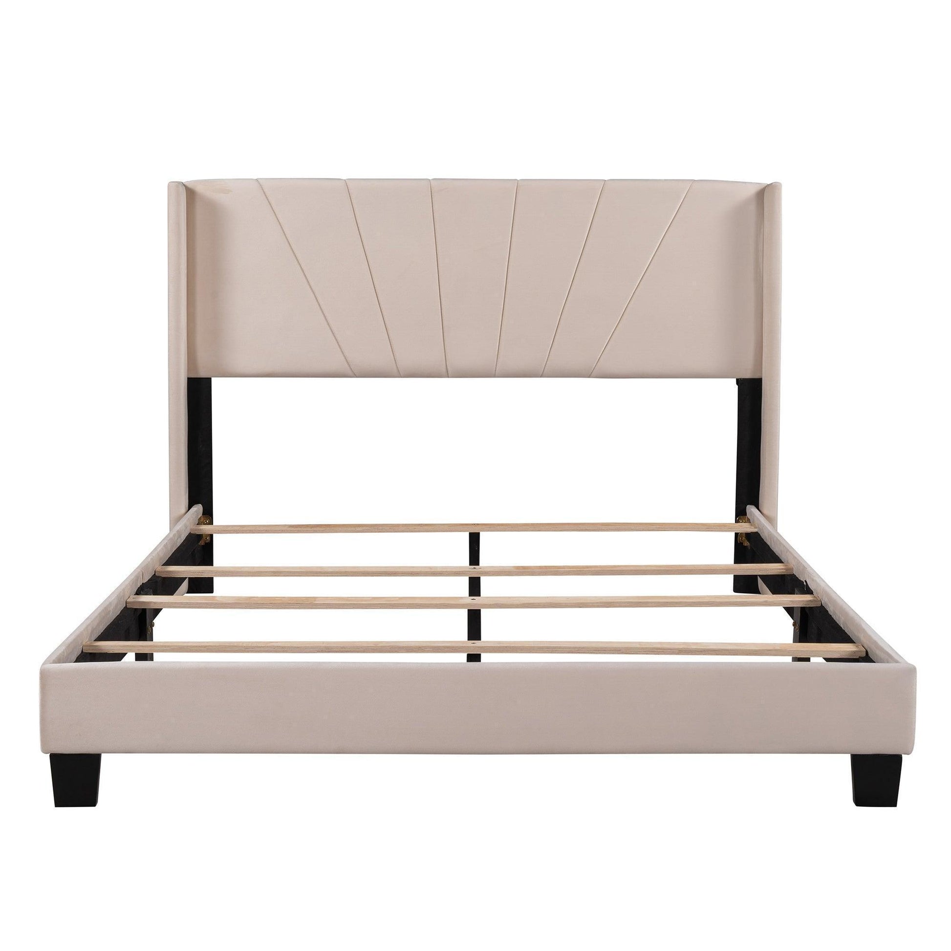 Queen Size Velvet Upholstered Platform Bed, Box Spring Needed - Beige WF212844AAA FredCo