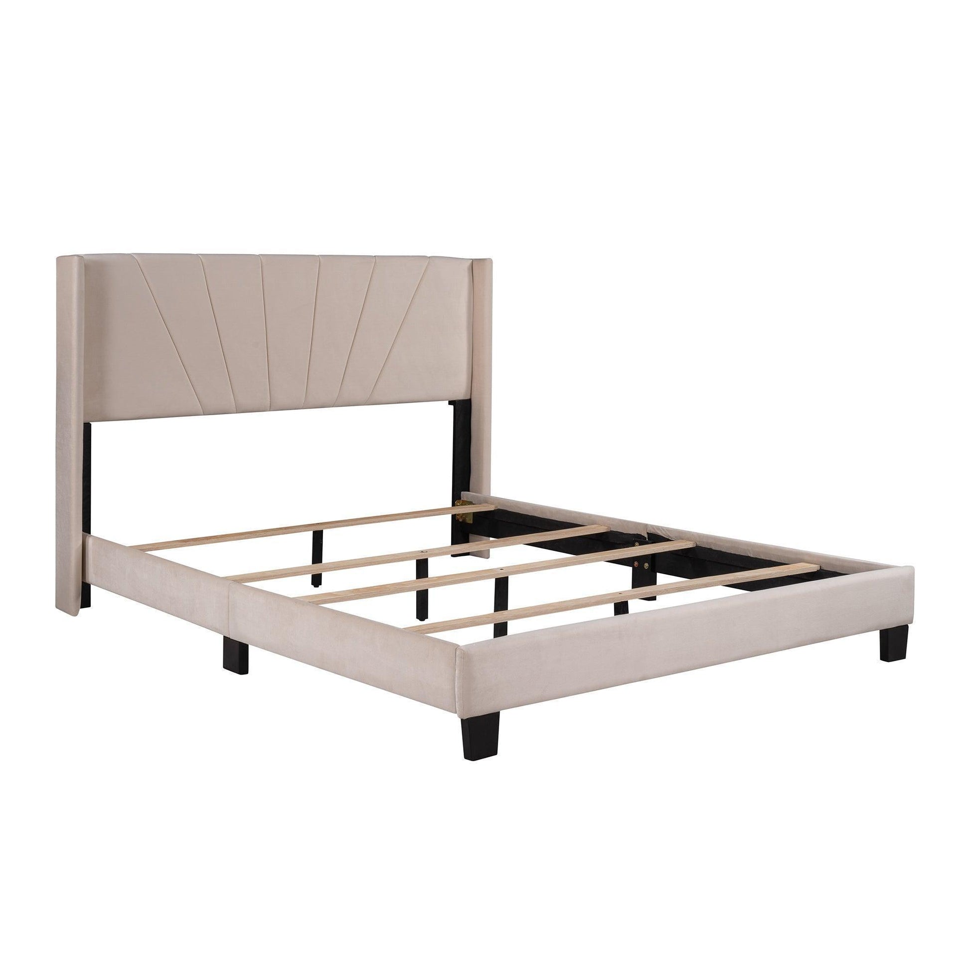 Queen Size Velvet Upholstered Platform Bed, Box Spring Needed - Beige WF212844AAA FredCo