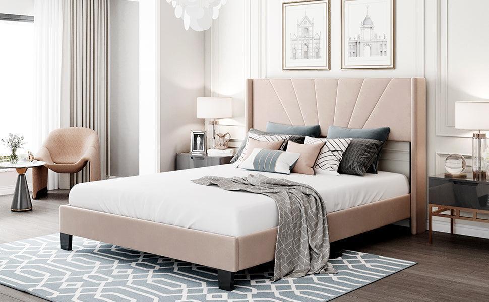 Queen Size Velvet Upholstered Platform Bed, Box Spring Needed - Beige WF212844AAA FredCo