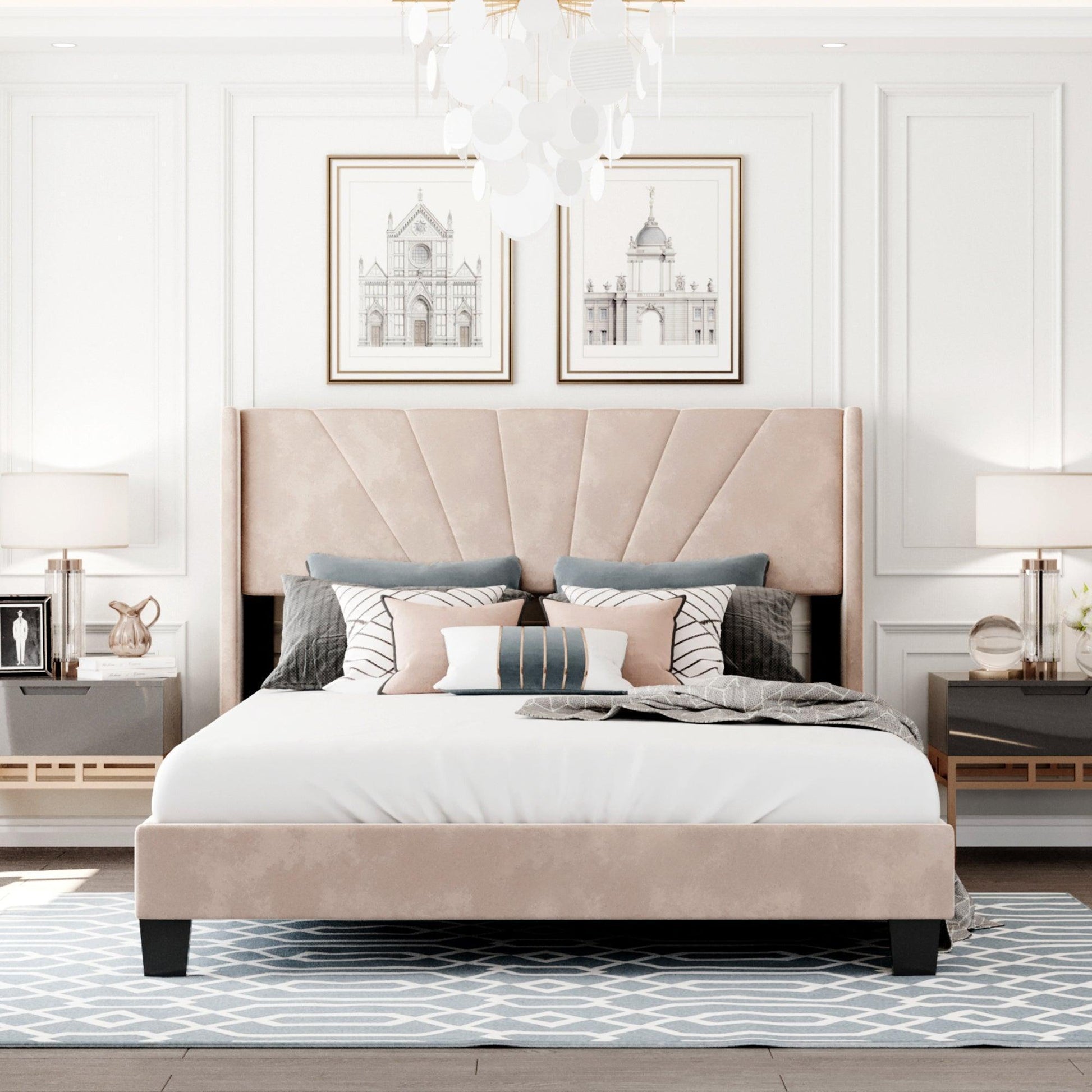 Queen Size Velvet Upholstered Platform Bed, Box Spring Needed - Beige WF212844AAA FredCo