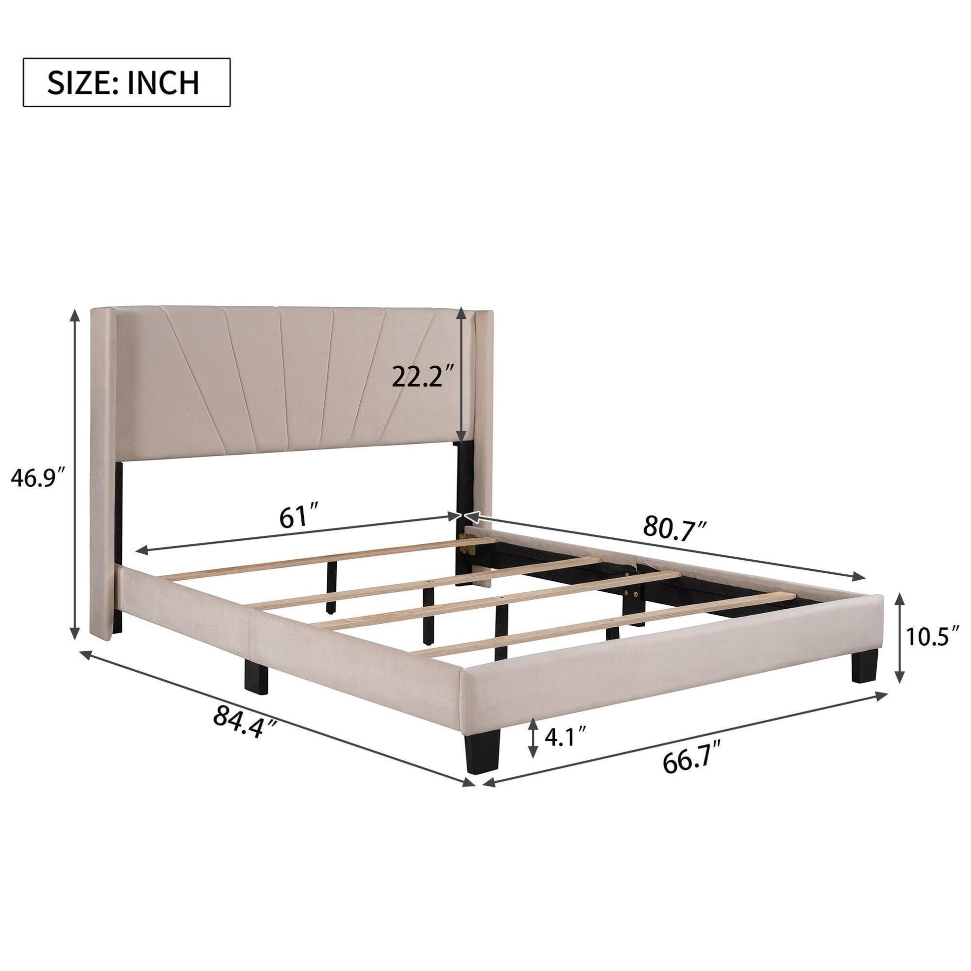 Queen Size Velvet Upholstered Platform Bed, Box Spring Needed - Beige WF212844AAA FredCo