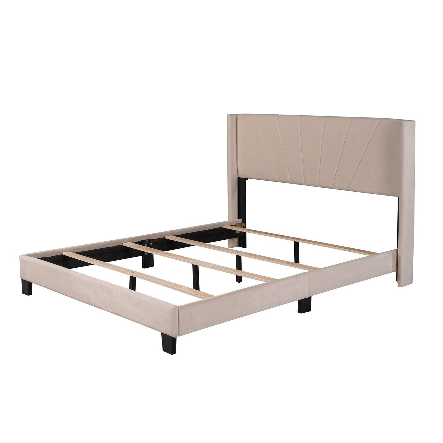 Queen Size Velvet Upholstered Platform Bed, Box Spring Needed - Beige WF212844AAA FredCo