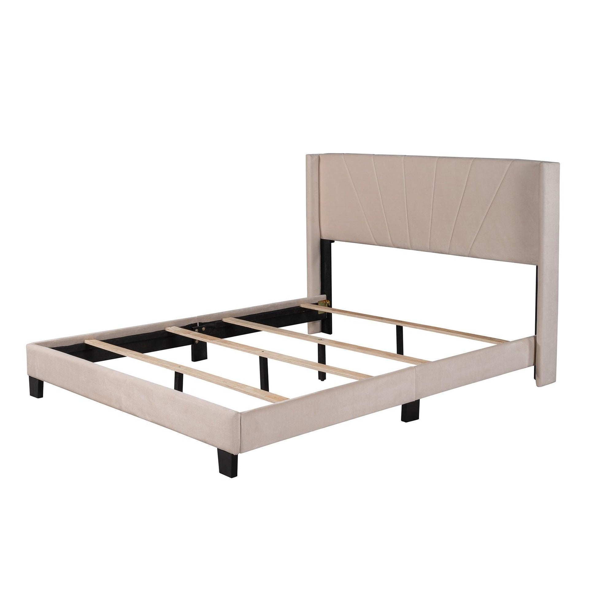 Queen Size Velvet Upholstered Platform Bed, Box Spring Needed - Beige WF212844AAA FredCo