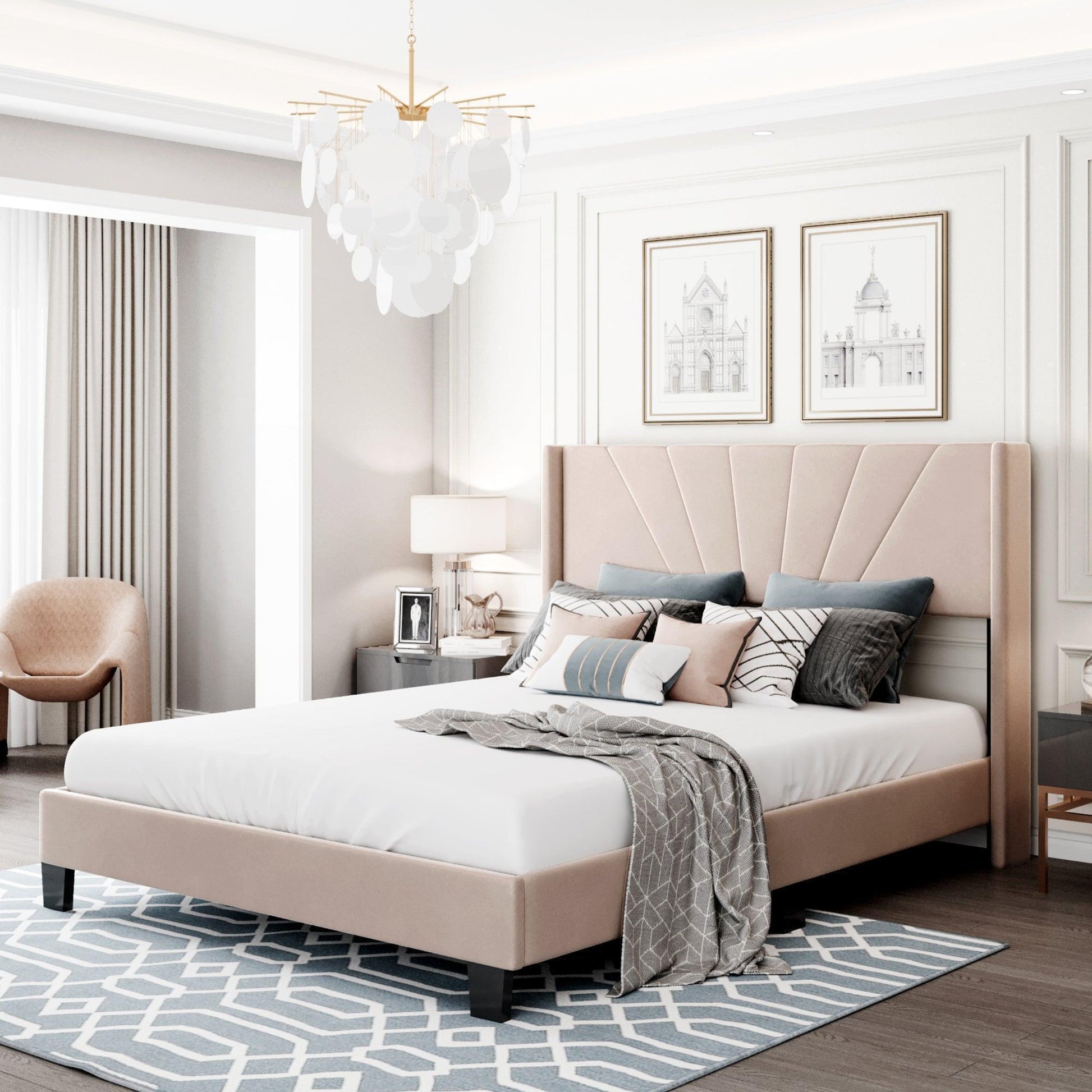 Queen Size Velvet Upholstered Platform Bed, Box Spring Needed - Beige WF212844AAA FredCo