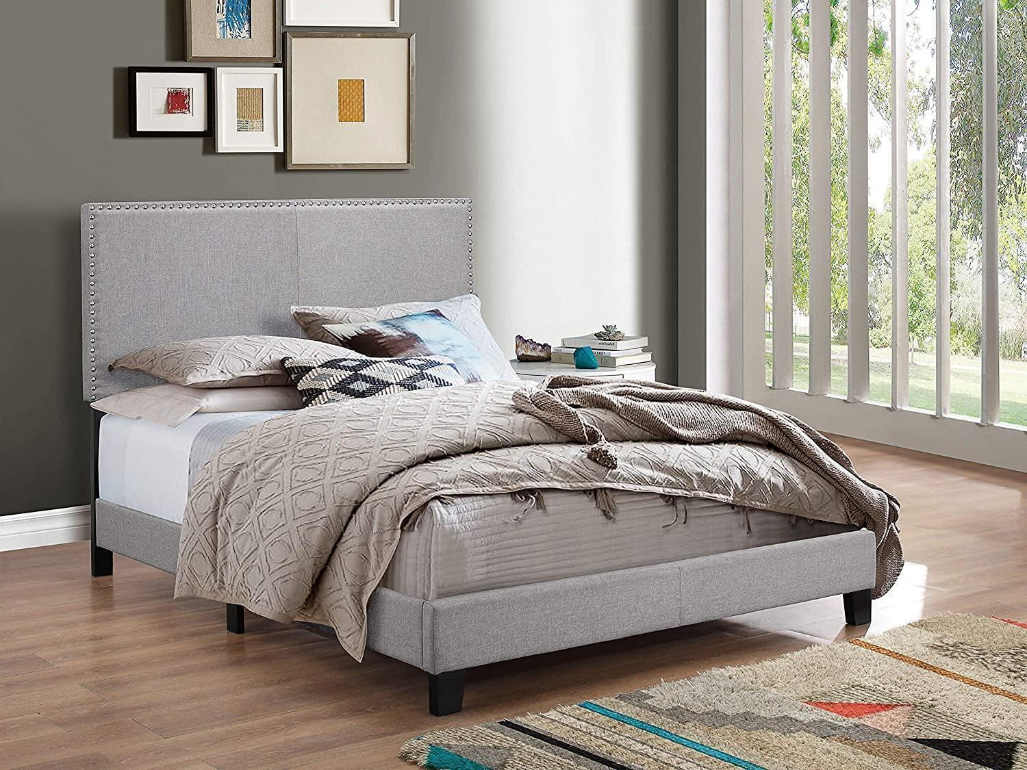 Queen Upholstered Panel Bed with Headboard, Footboard and Rails in Gray, Queen FredCo