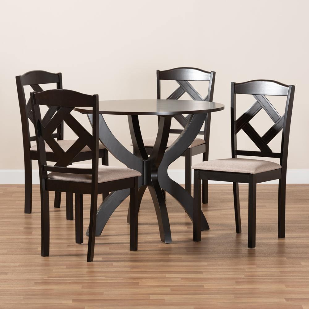 Quinlan Modern and Contemporary Sand Fabric Upholstered and Dark Brown Finished Wood 5-Piece Dining Set FredCo