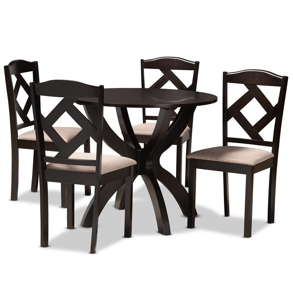 Quinlan Modern and Contemporary Sand Fabric Upholstered and Dark Brown Finished Wood 5-Piece Dining Set FredCo