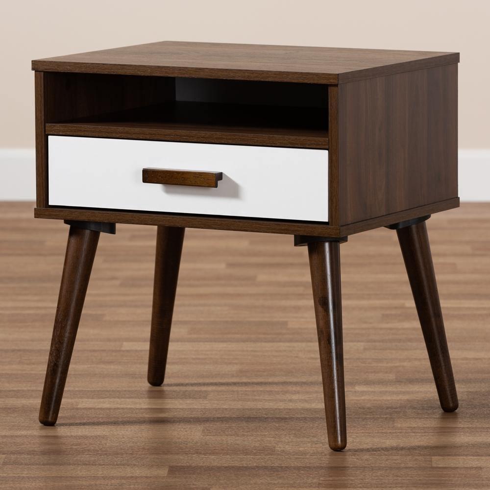 Quinn Mid-Century Modern Two-Tone White and Walnut Finished 1-Drawer Wood End Table FredCo