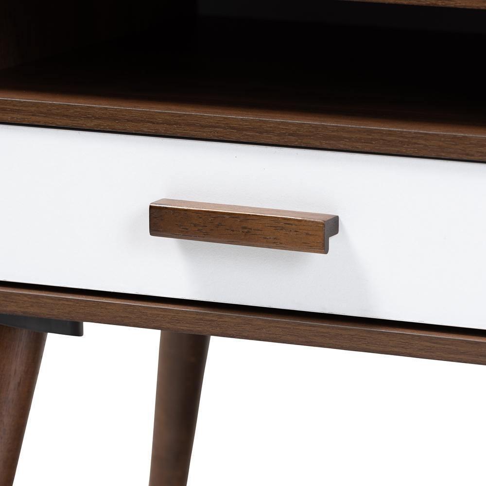 Quinn Mid-Century Modern Two-Tone White and Walnut Finished 1-Drawer Wood End Table FredCo