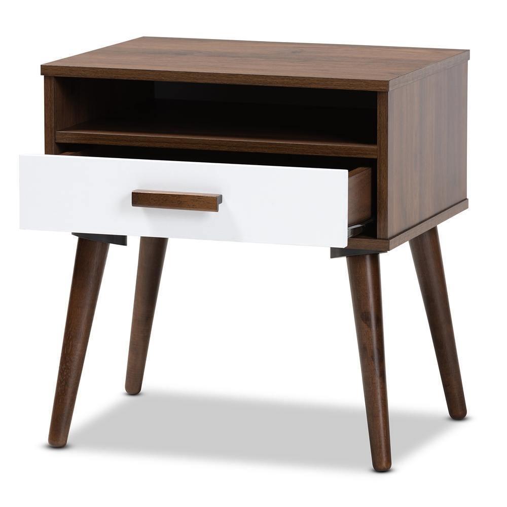 Quinn Mid-Century Modern Two-Tone White and Walnut Finished 1-Drawer Wood End Table FredCo
