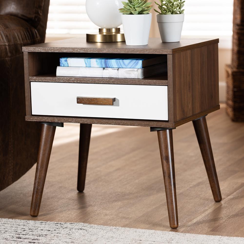 Quinn Mid-Century Modern Two-Tone White and Walnut Finished 1-Drawer Wood End Table FredCo