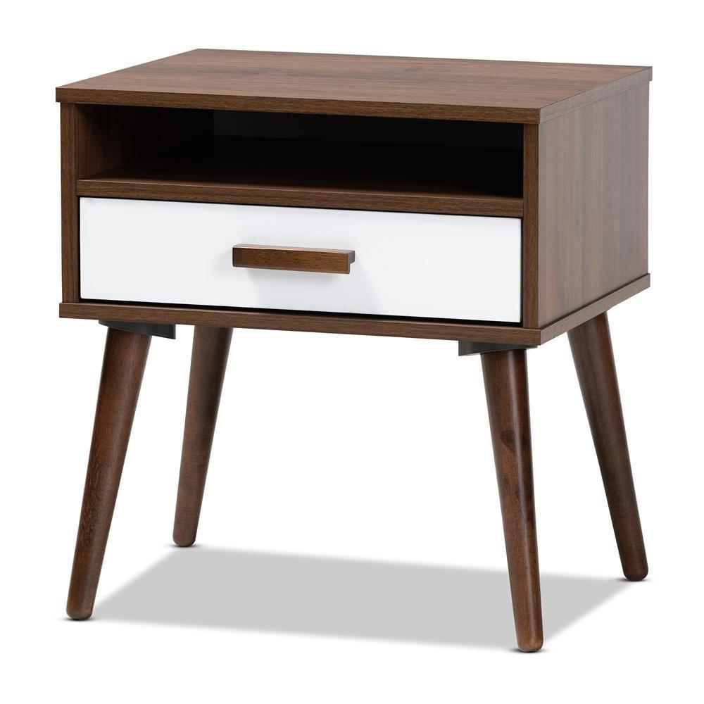 Quinn Mid-Century Modern Two-Tone White and Walnut Finished 1-Drawer Wood End Table FredCo