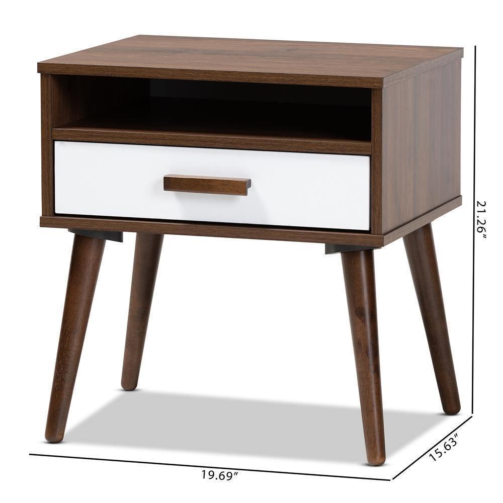 Quinn Mid-Century Modern Two-Tone White and Walnut Finished 1-Drawer Wood End Table FredCo