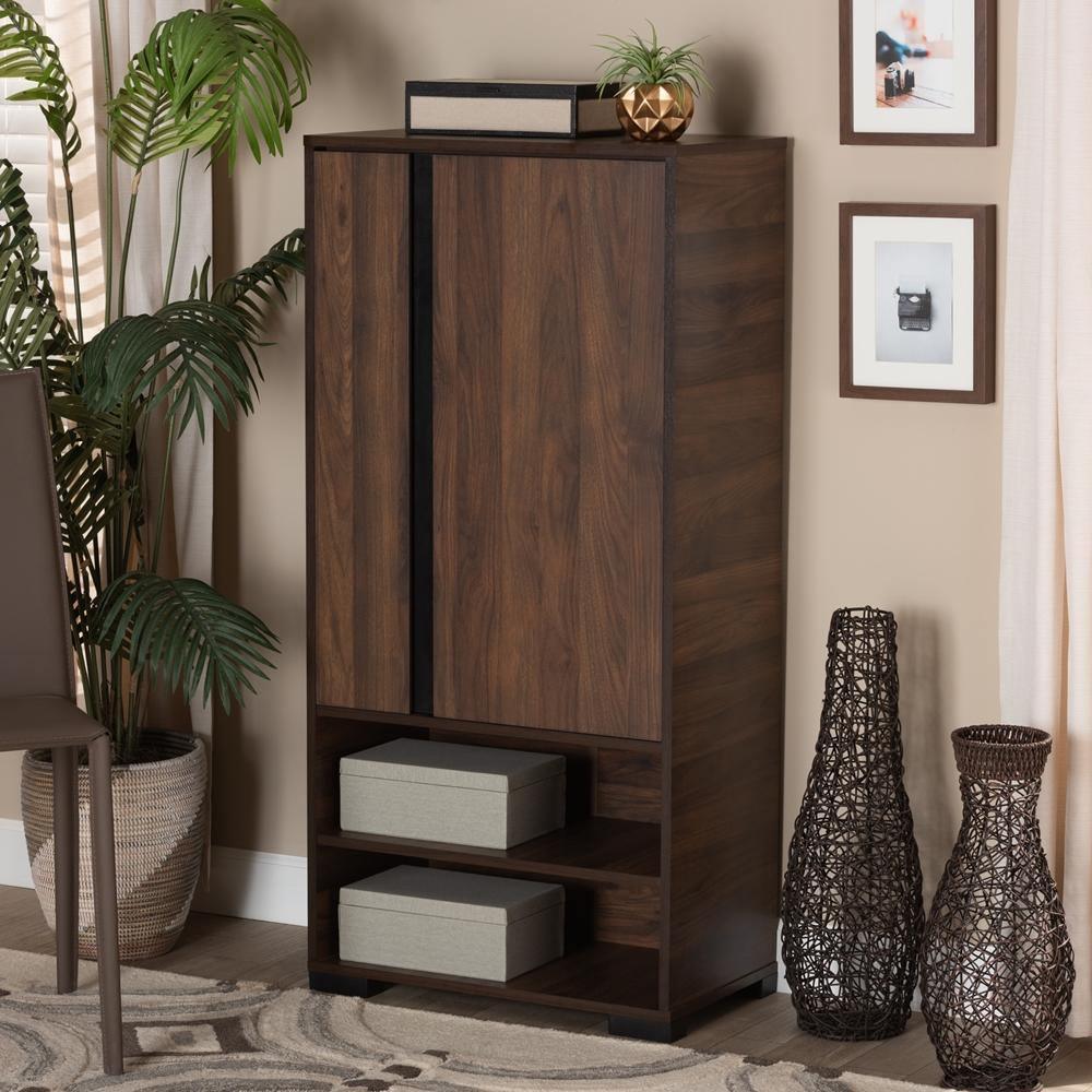 Raina Modern and Contemporary Two-Tone Walnut Brown and Black Finished Wood 2-Door Shoe Storage Cabinet FredCo