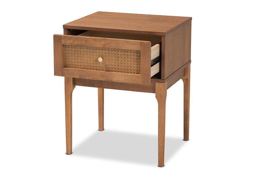 Ramiel Mid-Century Modern Ash Walnut Finished Wood and Rattan 1-Drawer Nightstand FredCo