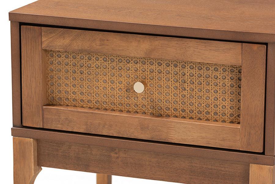 Ramiel Mid-Century Modern Ash Walnut Finished Wood and Rattan 1-Drawer Nightstand FredCo