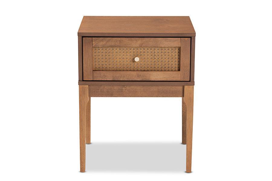 Ramiel Mid-Century Modern Ash Walnut Finished Wood and Rattan 1-Drawer Nightstand FredCo