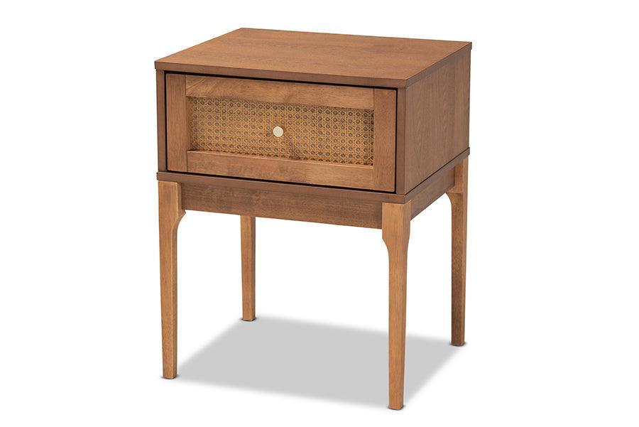 Ramiel Mid-Century Modern Ash Walnut Finished Wood and Rattan 1-Drawer Nightstand FredCo