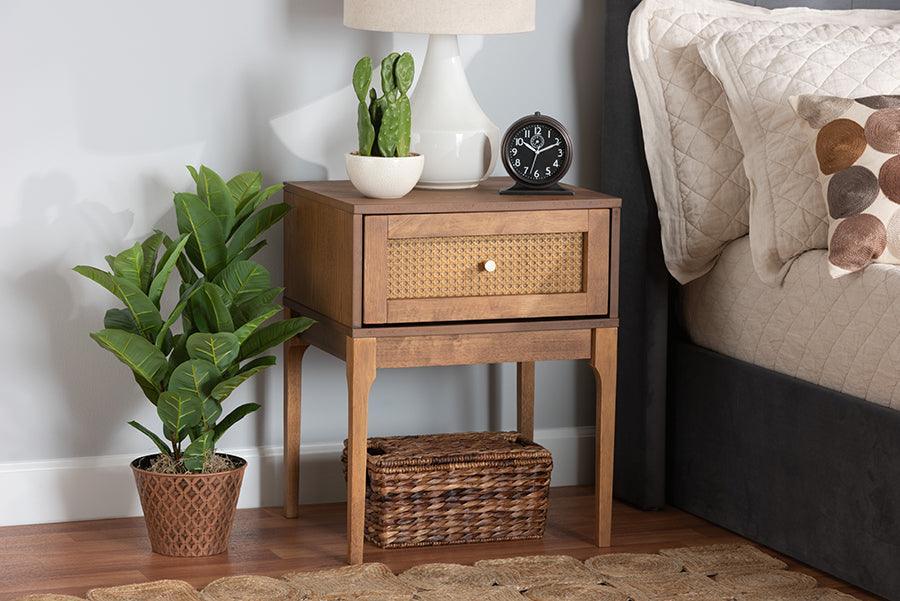 Ramiel Mid-Century Modern Ash Walnut Finished Wood and Rattan 1-Drawer Nightstand FredCo