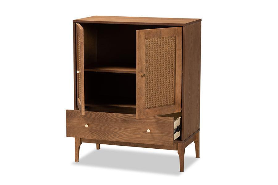 Ramiel Mid-Century Modern Ash Walnut Finished Wood and Rattan 1-Drawer Sideboard FredCo