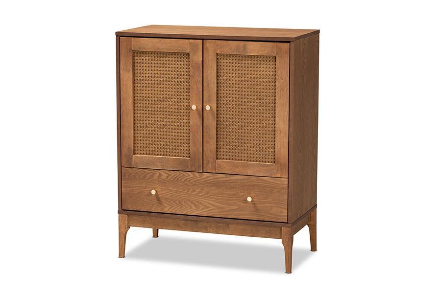 Ramiel Mid-Century Modern Ash Walnut Finished Wood and Rattan 1-Drawer Sideboard FredCo