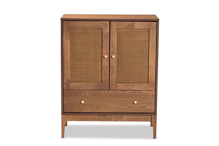 Ramiel Mid-Century Modern Ash Walnut Finished Wood and Rattan 1-Drawer Sideboard FredCo