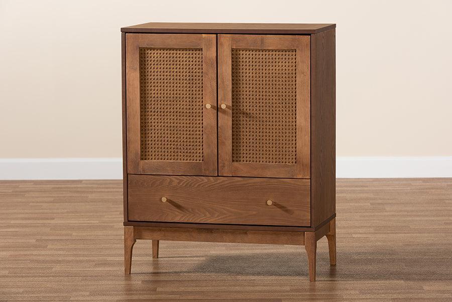 Ramiel Mid-Century Modern Ash Walnut Finished Wood and Rattan 1-Drawer Sideboard FredCo