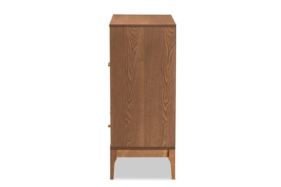 Ramiel Mid-Century Modern Ash Walnut Finished Wood and Rattan 1-Drawer Sideboard FredCo