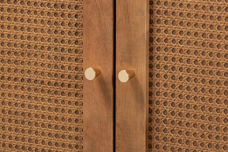 Ramiel Mid-Century Modern Ash Walnut Finished Wood and Rattan 1-Drawer Sideboard FredCo