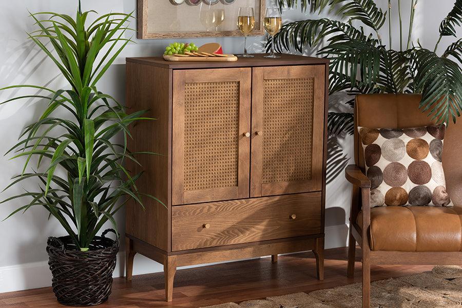 Ramiel Mid-Century Modern Ash Walnut Finished Wood and Rattan 1-Drawer Sideboard FredCo