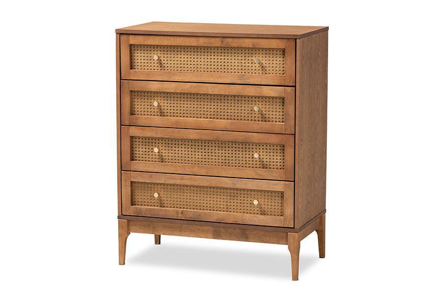 Ramiel Mid-Century Modern Ash Walnut Finished Wood and Rattan 4-Drawer Chest FredCo