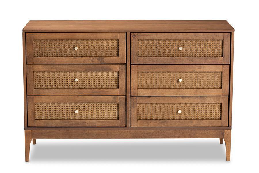 Ramiel Mid-Century Modern Ash Walnut Finished Wood and Rattan 6-Drawer Dresser FredCo