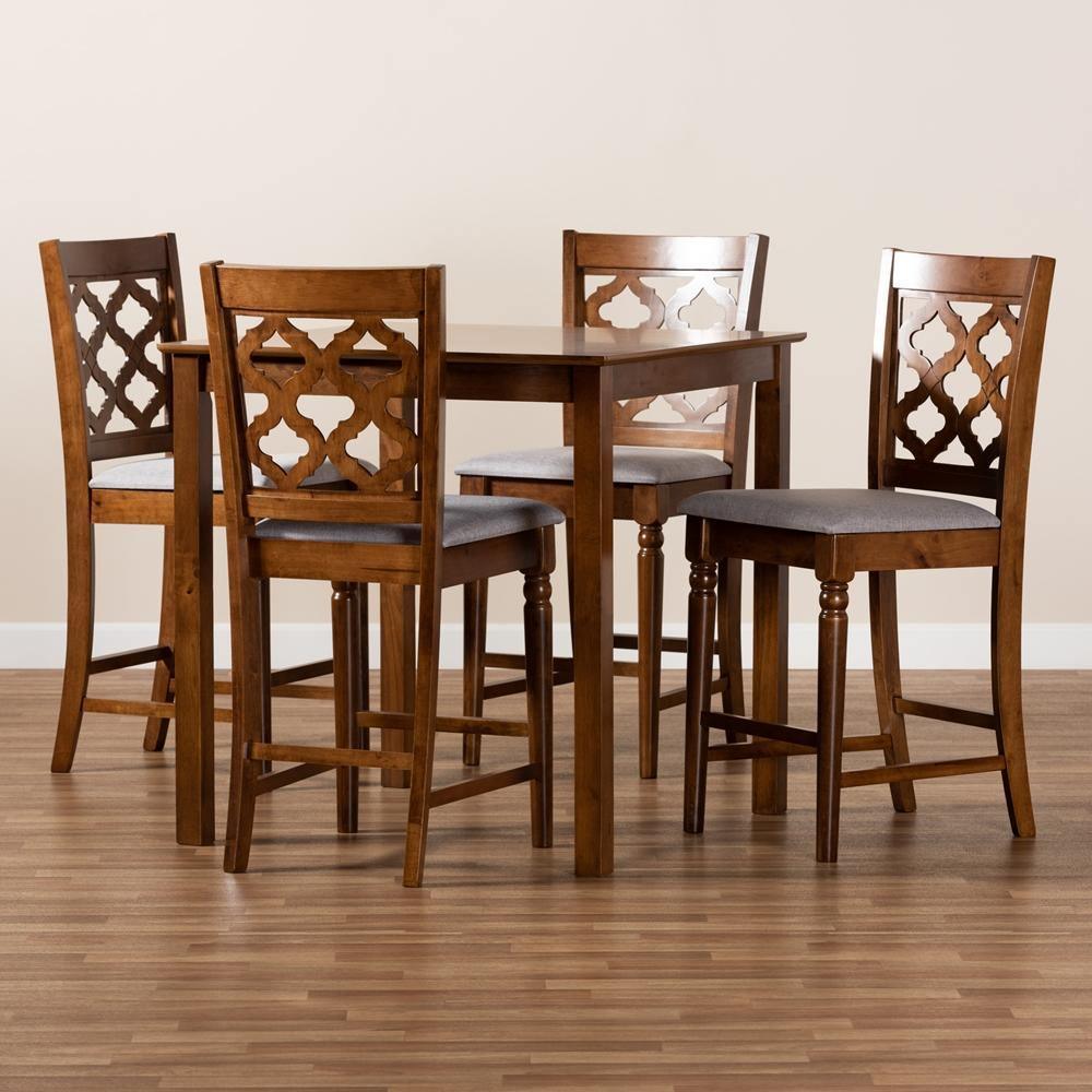 Ramiro Modern and Contemporary Transitional Grey Fabric Upholstered and Walnut Brown Finished Wood 5-Piece Pub Set FredCo