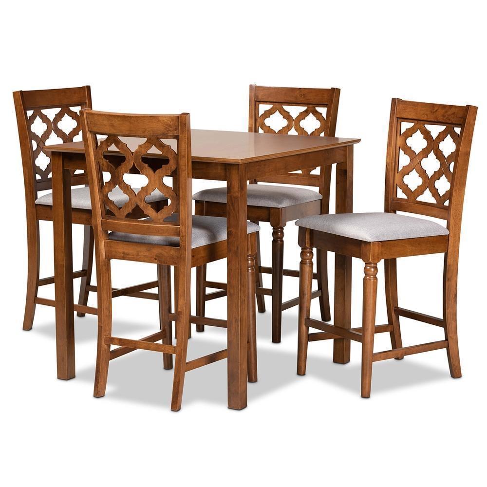 Ramiro Modern and Contemporary Transitional Grey Fabric Upholstered and Walnut Brown Finished Wood 5-Piece Pub Set FredCo