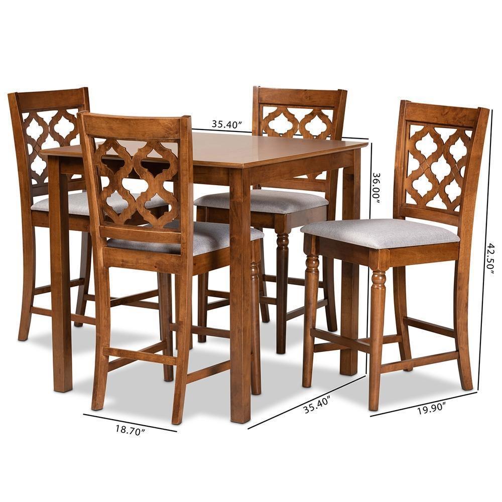 Ramiro Modern and Contemporary Transitional Grey Fabric Upholstered and Walnut Brown Finished Wood 5-Piece Pub Set FredCo