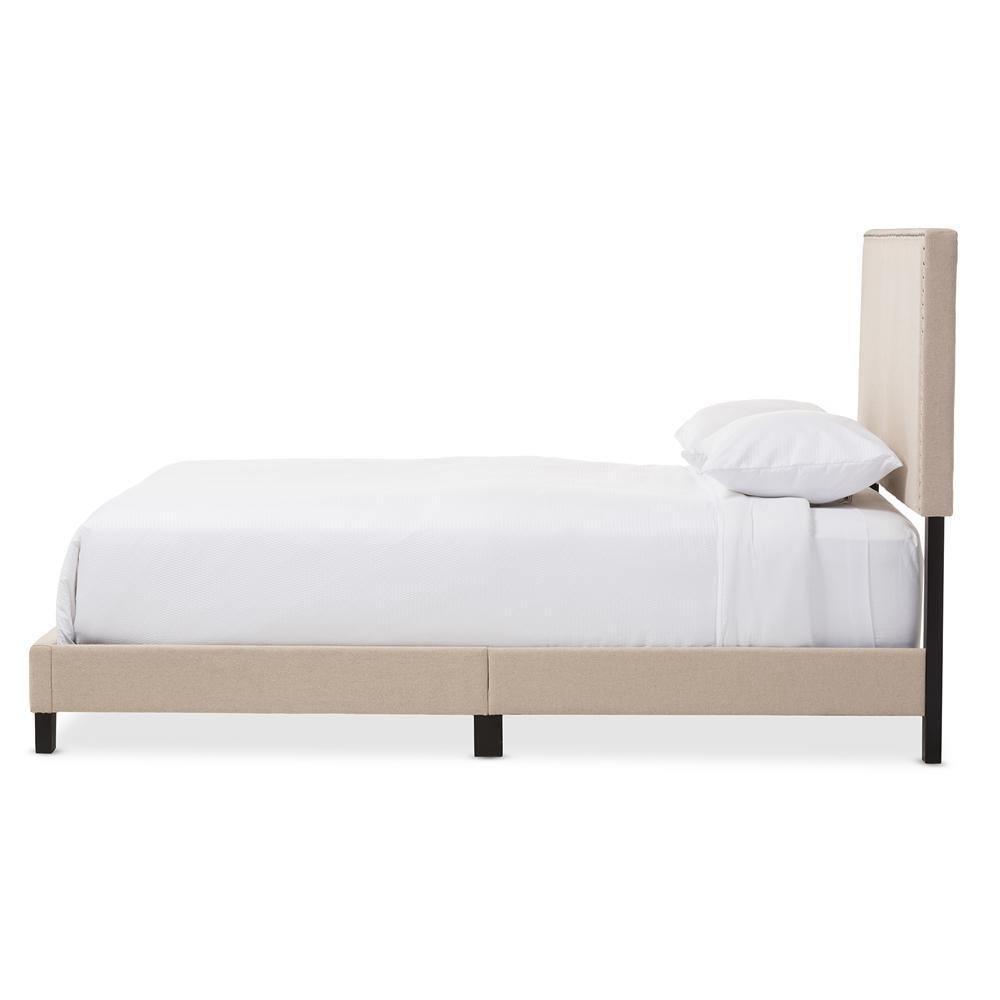 Ramon Modern and Contemporary Beige Linen Upholstered Queen Size Bed with Nail Heads FredCo