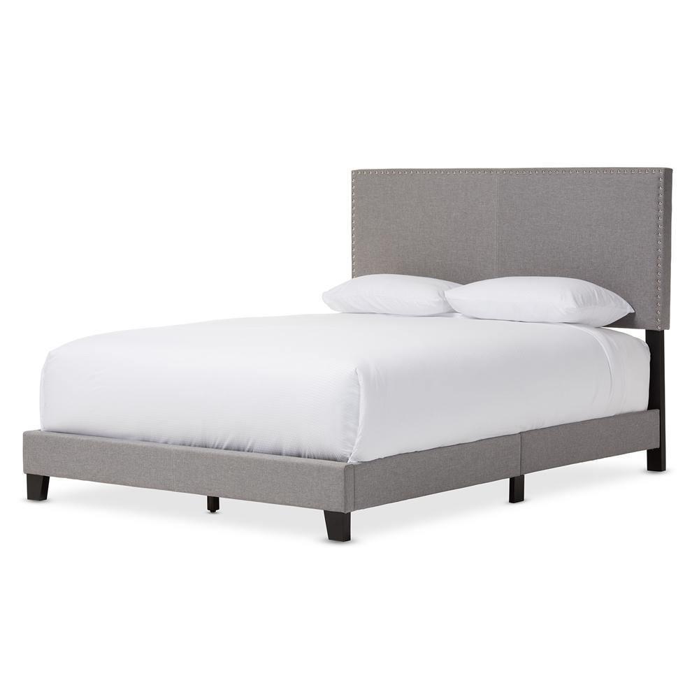 Ramon Modern and Contemporary Grey Fabric Upholstered Queen Size Bed with Nail Heads FredCo