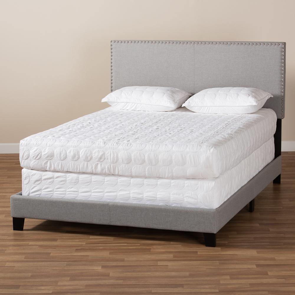 Ramon Modern and Contemporary Grey Linen Fabric Upholstered Full Size Panel Bed with Nailhead Trim FredCo