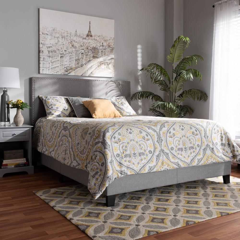 Ramon Modern and Contemporary Grey Linen Fabric Upholstered Full Size Panel Bed with Nailhead Trim FredCo
