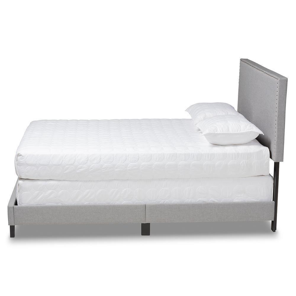 Ramon Modern and Contemporary Grey Linen Fabric Upholstered Full Size Panel Bed with Nailhead Trim FredCo