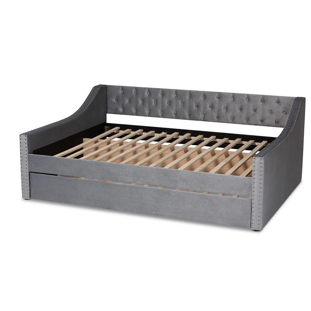Raphael Modern and Contemporary Grey Velvet Fabric Upholstered Queen Size Daybed with Trundle FredCo