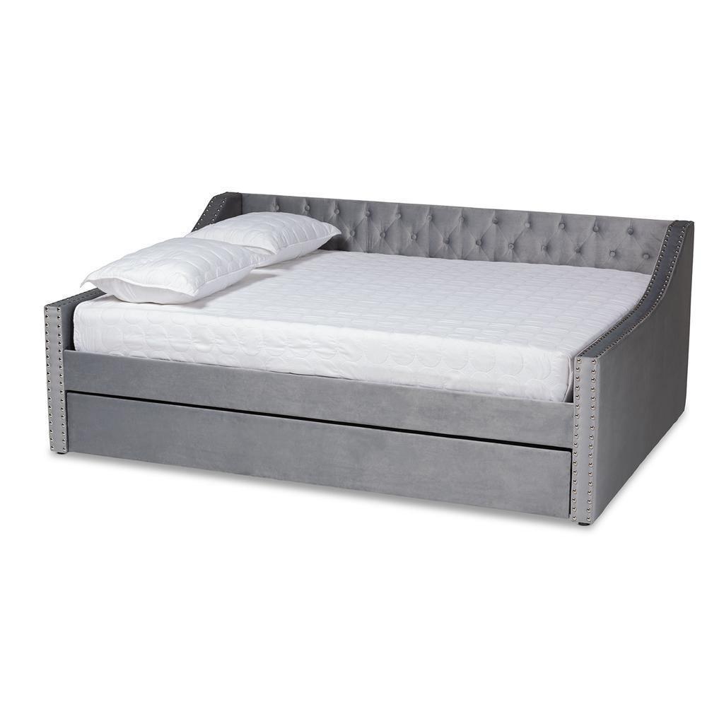 Raphael Modern and Contemporary Grey Velvet Fabric Upholstered Queen Size Daybed with Trundle FredCo